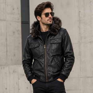 MEN'S BLACK LEATHER BOMBOR <b>JACKET</b> WITH FAUX <b>FUR</b> <b>HOOD</b> ZIPPER CLOSURE - Product Image 1