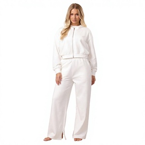 Women <b>White</b> <b>Tracksuit</b> Full Sleeve Solid Color Casual Zipper Front Loose Fit Sweatshirt With Side Pockets Spring Wear - Product Image 1