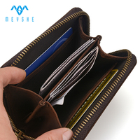 Dompet Kartu Kulit Asli Crazy Horse Berkualitas Tinggi Custom, Dompet Koin Pendek RFID dengan Ritsleting Vintage Unisex