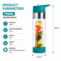 Bouteille d'eau en Tritan de 750 ml avec infuseur à fruits, sans BPA, écologique, pour le sport, la gym et le camping – Vente en gros