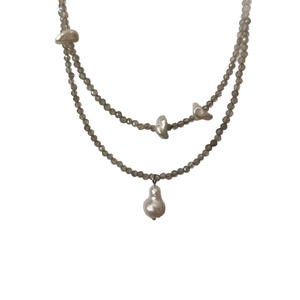 Collar de Perlas Keshi de Plata Natural Triturada de Doble Capa con Cristal de Cenicienta, Piedra Lunar Gris, Moda Femenina de Nicho - Product Image 5