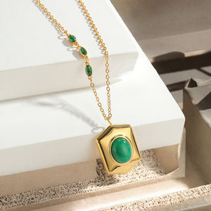 Hot Sell 18K Gold Plated Vintage Natural <strong>Jade</strong> Stone Zircon Stainless Steel Blade Trendy Gift Pendant <strong>Necklace</strong> - Product Image 3