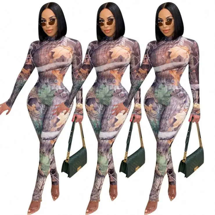 Son tasarım kadın sonbahar moda 2021 yaprak baskı rahat iki parçalı Set tulumlar uzun kollu tulum kadın tek parça tulum