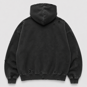 Sweat à capuche épais vintage noir délavé avec imprimé graphique, coupe ample et déchirée, poches plaquées, style streetwear, personnalisé pour homme - Product Image 2