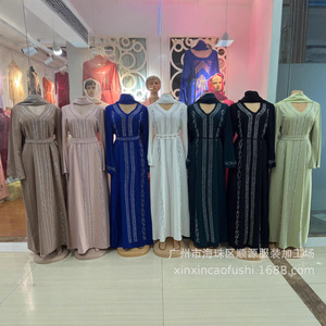 Dubai thanh lịch dài váy áo thun ăn mặc cho cộng với kích thước hồi giáo satin Hot kim cương phong cách và mỏng làm bằng polyester - Product Image 6