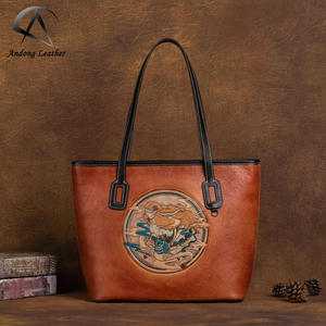 Sac à main en cuir de vache véritable Andong pour femmes, sac fourre-tout en cuir de vache gaufré, sac à bandoulière rétro noir pour femmes - Product Image 1