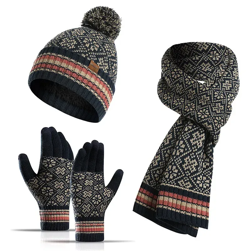 New Fashion Winter Frauen Warm Thick Beanies Gestrickte Schal Mütze Handschuhe Set