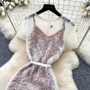 Robe en dentelle élégante et romantique à manches courtes et taille haute pour femme, style français - Product Image 3