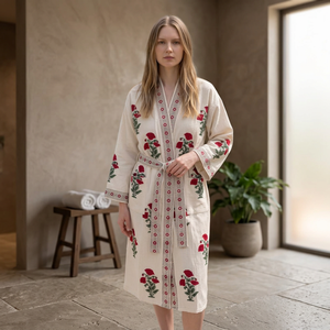 <b>Women</b> Floral Embroidered Waffle <b>Robe</b> Long Sleeve V-Neck Knee Length 100% Cotton Soft Casual Summer Dressing Gown Quick <b>Dry</b> - Product Image 2