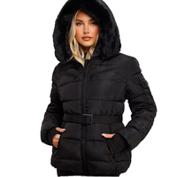 Veste bomber d'hiver matelassée noire imperméable pour femme Eshine, avec capuche en fourrure, fermeture éclair, ceinture, manches longues, en polyester épais