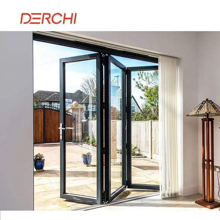 Puertas plegables para exteriores, diseño moderno de aleación de aluminio, vidrio templado doble, puerta biplegable para Patio