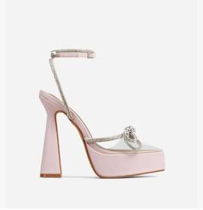Diamond Bow Perspex Correa Punta estrecha Plataforma Flared Block Heel Faux Charol Sandalias para mujeres y señoras - Product Image 2
