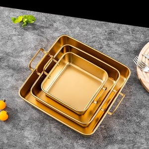 Stainless Steel Square <b>Snack</b> <b>Tray</b> Gold Color Double Ear Food Serving Plate For Barbecue Hot Pot - Product Image 3