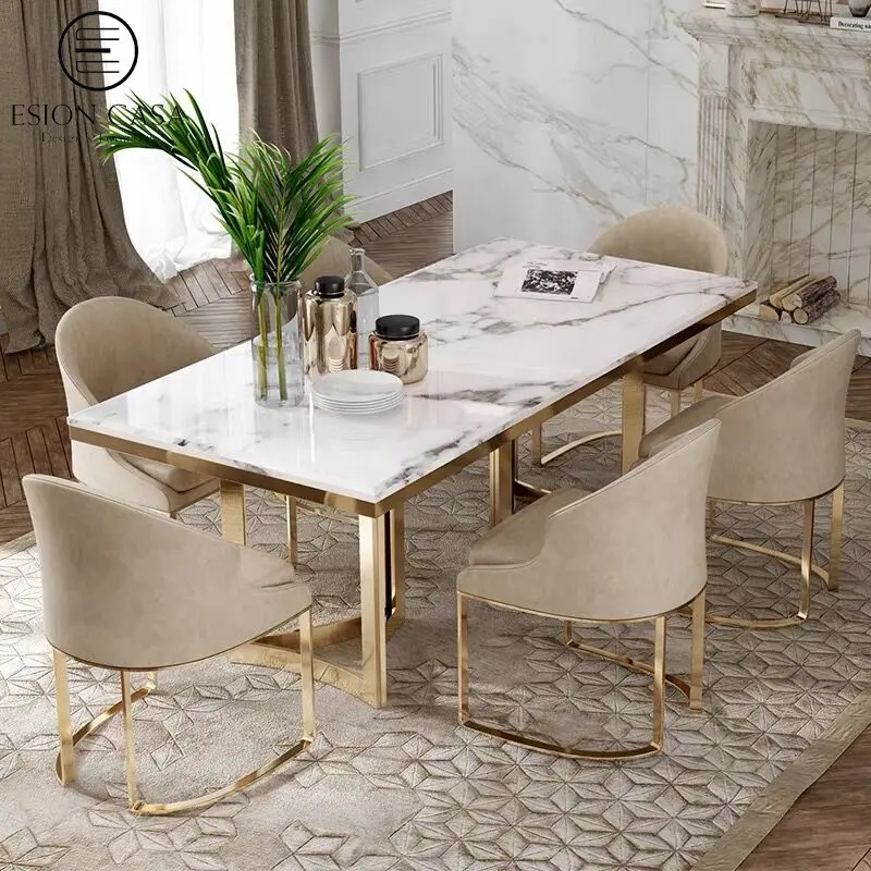 ESION CASA morden square dining table set 6 chairs dining room furniture italian gold rectangular marble dining tables