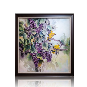 Art mural moderne fait main sur toile, peinture en grès de style chinois, raisins et oiseaux jaunes, ornement pour la décoration de bureau et de la maison - Product Image 1