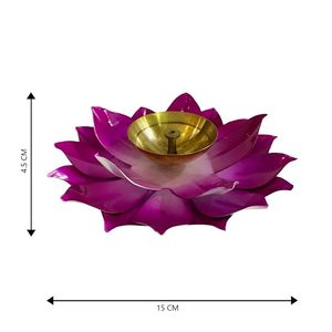 Lotus Shaped Brass Diya Pink Floral Oil <b>Lamp</b> For Pooja Aarti Temple Prayer And Festive Home Decor 15 Cm Width - Product Image 1