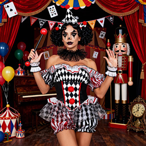Costume de cosplay traditionnel de <span class=keywords><strong>clown</strong></span> sombre pour Halloween, inspiré des films et séries TV - Combinaison sexy de <span class=keywords><strong>clown</strong></span> de cirque avec bandeau et collier - Product Image 1