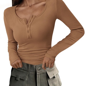 Camisetas Estampadas de Manga Larga para Mujer, Camisetas de Manga Larga Otoño 2025, Camisetas de Punto Acanalado con Botones, Corte Ajustado, Casual, Básico - Product Image 6