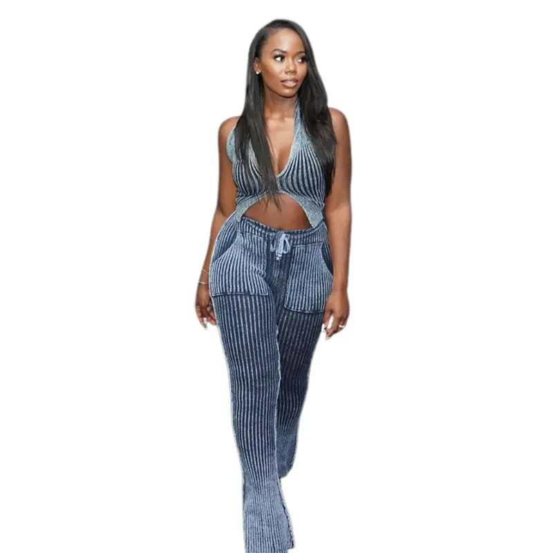 Conjunto de mujer 2024 tejido de corte bajo sin mangas recortado Crop Top Hip Wrap Skinny Maxi Pants conjunto de 2 piezas para mujer