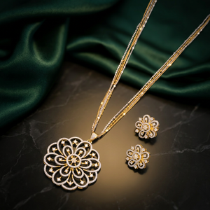 Brass AD Pendant Necklace Set Dual Tone Gold Rhodium Plated Floral CZ Long 24 Inch <b>Chain</b> <b>Stud</b> <b>Earrings</b> Indian Jewelry - Product Image 3