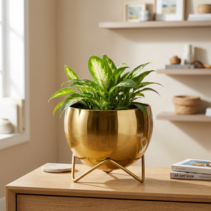 Pot de fleurs en métal doré artisanal avec support, décoration moderne pour plantes d'intérieur et d'extérieur, pour la maison, le bureau, le salon - Product Image 6