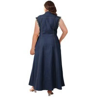 Robe longue en jean élégante pour femme grande taille, sans manches, boutonnée, col rabattu, coupe trapèze, style chemise