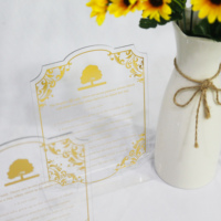 Numéros de table créatifs en acrylique transparent 5x7, panneau de menu de mariage, carte de placement personnalisée avec motif arbre doré et base