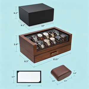 Boîte à montres haut <span class=keywords><strong>de</strong></span> gamme pour hommes, boîte à montres en bois à 12 emplacements avec tiroir |   Boîte <span class=keywords><strong>de</strong></span> présentation pour montres avec couvercle, support à montres à 2 niveaux - Product Image 5