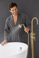 Robinet de baignoire autoportant en laiton poli européen, douche pluie en céramique 2 fonctions, ensemble de salle de bain à poser au sol pour usage hôtelier