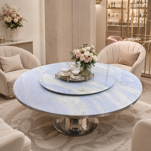 Table à manger personnalisée, plateau rond, style moderne, villa, 8 places, pieds en métal, meubles en pierre, luxe, calcite azul et marbre bleu - Product Image 4