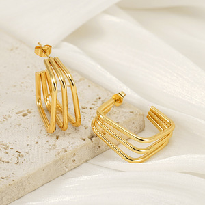 Geometric Gold Plated Hoop Earrings Stainless Steel Square Shape For Women European Style Fashion Jewelry - Product Image 3