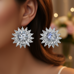 Boucles d'oreilles à fleurs en or blanc avec cristaux ronds sertis de strass pour femmes, bijoux classiques de mariage - Product Image 2