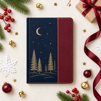 Carnet personnalisé Noël Forêt sous la Lune Bleu Marine Bourgogne, couverture rigide A5, reliure cousue, 80 feuilles, estampage à chaud doré