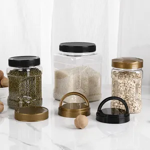 حاوية مربعة من البلاستيك بمقبض شفاف لحاويات تخزين الحبوب بالمطبخ مع أغطية ذهبية