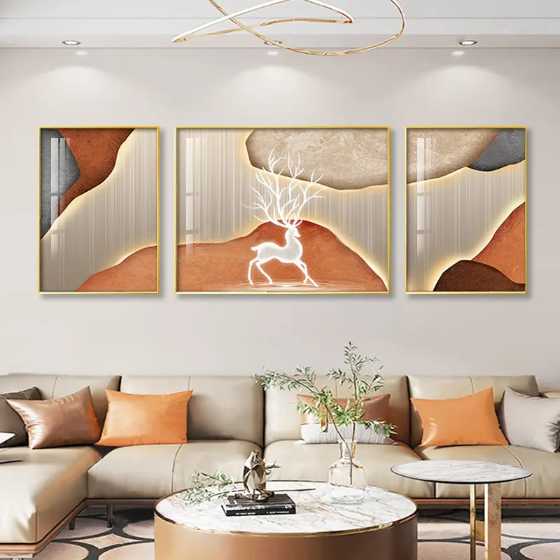 Modern light luxury living room sofa background wall decoration deer atmosphere triple hanging painting 2022 new mural meaning