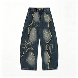 Vaqueros de mezclilla de cintura alta y pierna ancha - Bordados a mano con estrellas, lunas, sol y corazones, estilo vintage desgastado y deshilachado, streetwear, largos y holgados - Product Image 1