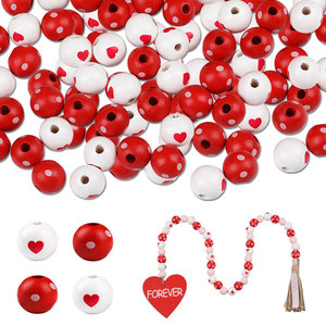Cuentas de madera con patrón de corazón rojo y blanco, redondas, para hacer pulseras, colgantes decorativos para el día de San Valentín - Product Image 1