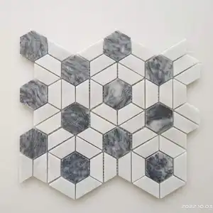 새로운 디자인 럭셔리 흰색과 회색 돌 대리석 육각 꽃 모자이크 욕실 타일 주방 Backsplash