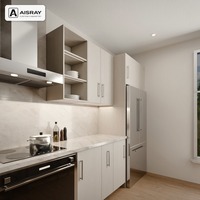 Meuble de cuisine moderne en chêne blanc avec portes à battants, aménagement en îlot, dimensions personnalisées, boîtes en panneaux mélaminés et rangement coulissant