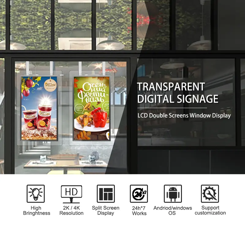 Semi-extérieur Ultra-mince suspendu Double face magasin de détail vitrine lecteur multimédia haute luminosité LCD signalisation numérique et affichages