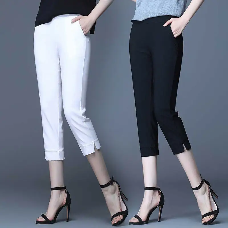 Летние женские узкие брюки-Капри с высокой талией и карманами, Новые однотонные женские эластичные повседневные брюки