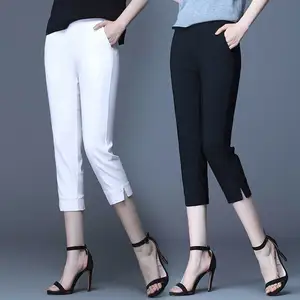 गर्मियों में महिलाओं स्लिम Capri पैंट उच्च कमर जेब विभाजन अन्त: पुर पतलून नई ठोस लेडी खिंचाव आकस्मिक पैंट