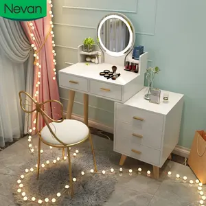 Jogo de mobiliário barato de design simples, conjunto de maquiagem para quarto, cadeira de vidro de penteadeira com espelho e gavetas