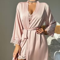 Robe de nuit en dentelle tissée avec peignoir, décolleté plongeant en V, taille ajustée, en tissu doux, pour la chambre et l'usage quotidien