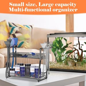 Étagère de rangement pour accessoires d'aquarium, 2 niveaux, en métal noir, pour outils et nourriture pour poissons - Product Image 2