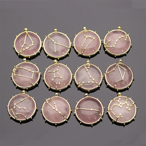 Ciondolo Collana in <span class=keywords><strong>Pietra</strong></span> Naturale Quarzo Rosa con Ciondoli Zodiacali a Stella dell'Oroscopo - Gioielli con 12 Segni Zodiacali in Cristallo Rotondo all'Ingrosso - Product Image 2