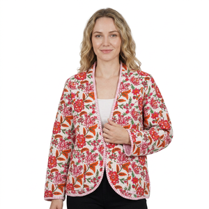 Women's Cotton Floral Print Blazer Shawl Collar Full Sleeve Spring Style Embroidery Decorated <b>Reversible</b> <b>Jacket</b> - Product Image 1