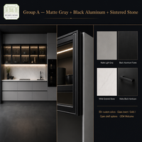 Meubles de cuisine sur mesure pour toute la maison, gris mat, porte en verre aluminium noir, bande LED, fermeture douce, ISPM-15, export, usine OEM