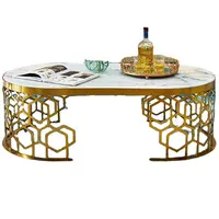 Conjunto de mesa de móveis para sala de estar, design moderno, centro de mármore, moldura de metal oco, dourada, mesa de café