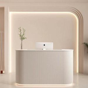 Curved Beauty Salon <strong>Reception</strong> Desk White MDF Front <strong>Counter</strong> with LED Backlit Custom Engraved Logo - Product Image 2